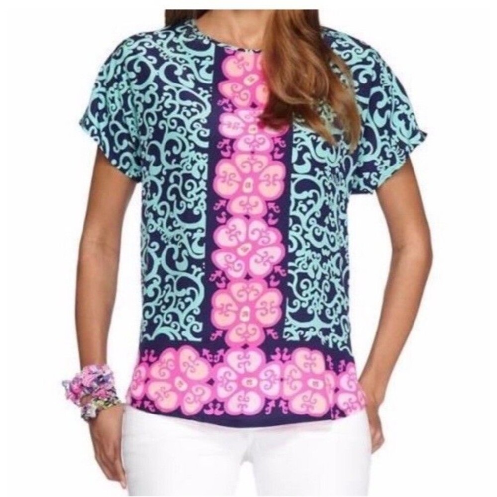 Lilly Pulitzer Marion Silk Top Women XS/S Blue Pink Short Sleeve Fountain Hoppin